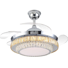 Breezelux Alpha 48"  Modern Crystal Retractable Luxury Decorative Silent Underlight Invisible Blade Chandelier with Remote Ceiling Fan (Silver White) BL-2171