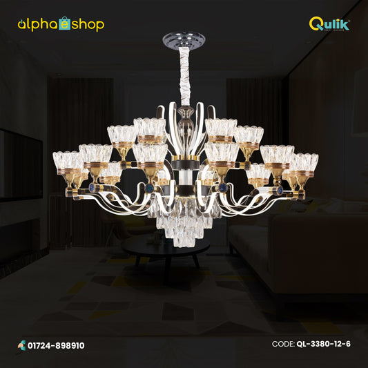 Qulik Modern Nordic Candle Crystal Chandelier Decoration Pendant Hanging Double layer 3 color LED Ceiling Light (QL-3380-12-6)