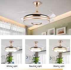 Breezelux Alpha 36" Modern Crystal Retractable Luxury Decorative Silent Underlight Invisible Blade Chandelier with Remote Ceiling Fan (Golden) BL-6094