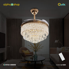 Qulik 48" Crystal Chandelier Retractable Invisible Blade Silent 3 Color Change LED Remote Ceiling Fan (Golden)Q-8361