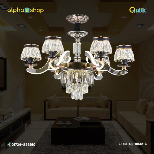 Qulik QL-8832-6 Golden & Black Iron LED Ceiling Lamp - Luxury Crystal Chandelier with 6 Lamps