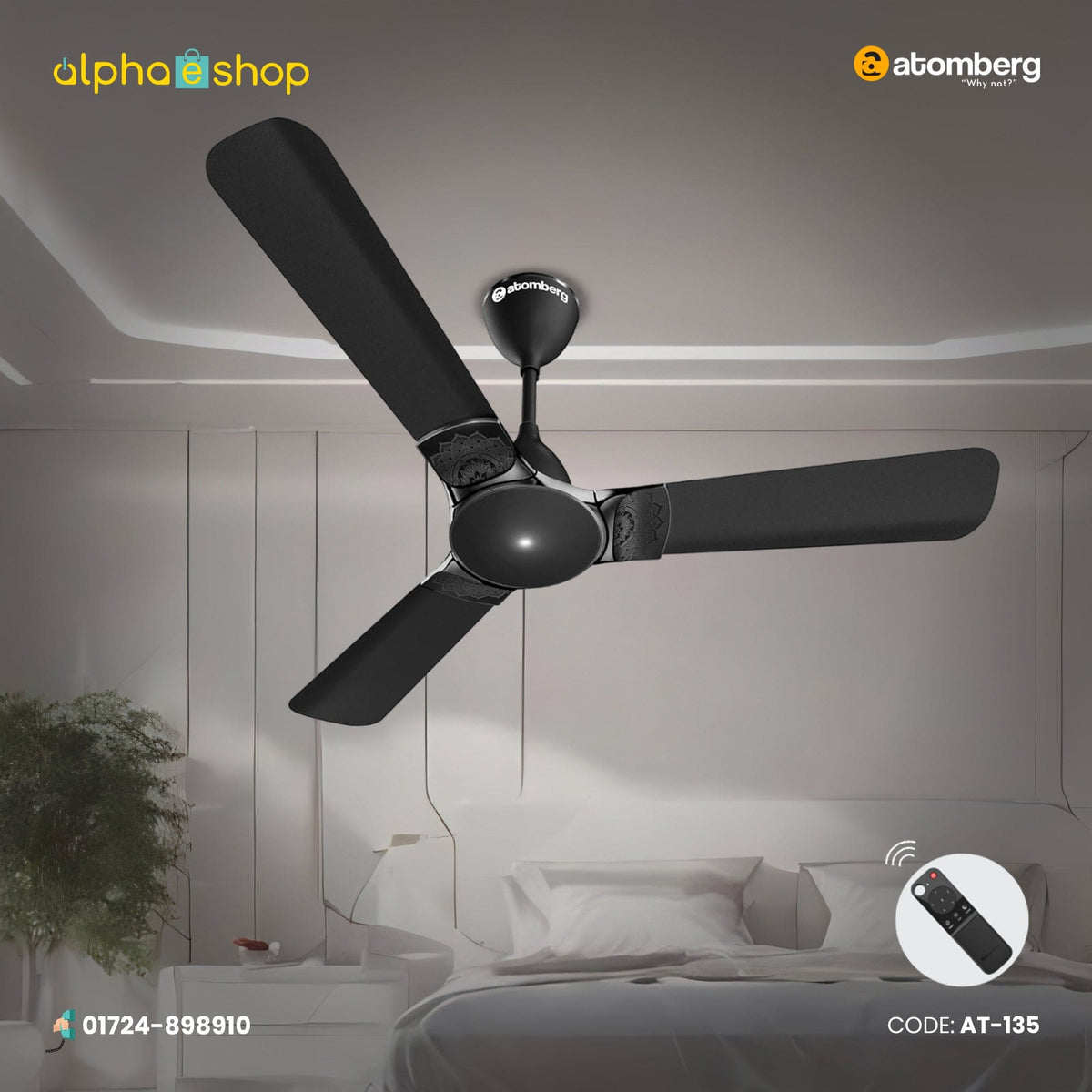 Atomberg Erica 48'' BLDC motor Energy Saving Anti-Dust Speed Indicator Light Ceiling Fan with Remote Control  (MIdnight Black ) AT-135