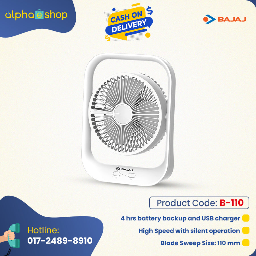 BAJAJ Pygmy Personal Rechargeable Desk Fan with LED Light (White) B-110