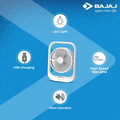 BAJAJ Pygmy Personal Rechargeable Desk Fan with LED Light (White) B-110