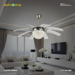 Breezelux Alpha 48" Crystal Retractable Luxury Decorative Silent Underlight Invisible Blade Chandelier with Remote Ceiling Fan (Sand Nickel) BL-1088