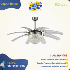 Breezelux Alpha 48" Crystal Retractable Luxury Decorative Silent Underlight Invisible Blade Chandelier with Remote Ceiling Fan (Sand Nickel) BL-1088