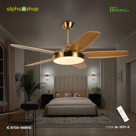 Breezelux Alpha 52" Modern Decorative Silent  ABS Blade Underlight with Remote Ceiling Fan (Wood Grain)  BL-1537-G