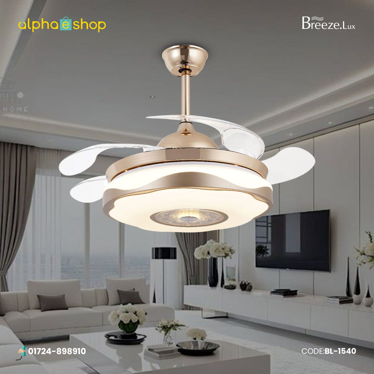 Breezelux Alpha 48'' Modern Crystal Retractable Luxury Decorative Silent Underlight Invisible Blade Chandelier with Remote Ceiling Fan ( Golden ) BL-1540