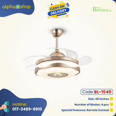 Breezelux Alpha 48'' Modern Crystal Retractable Luxury Decorative Silent Underlight Invisible Blade Chandelier with Remote Ceiling Fan ( Golden ) BL-1540