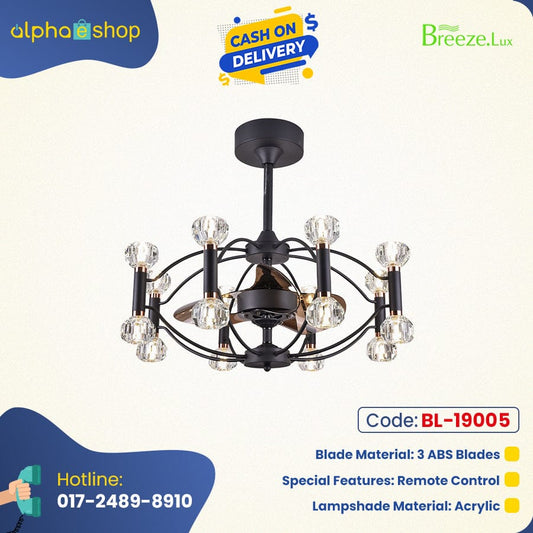 Breezelux Alpha 22" Elegant Modern Retractable Luxury Decorative Silent Underlight Invisible Blade Chandelier with Remote Ceiling Fan (Black) BL-19005