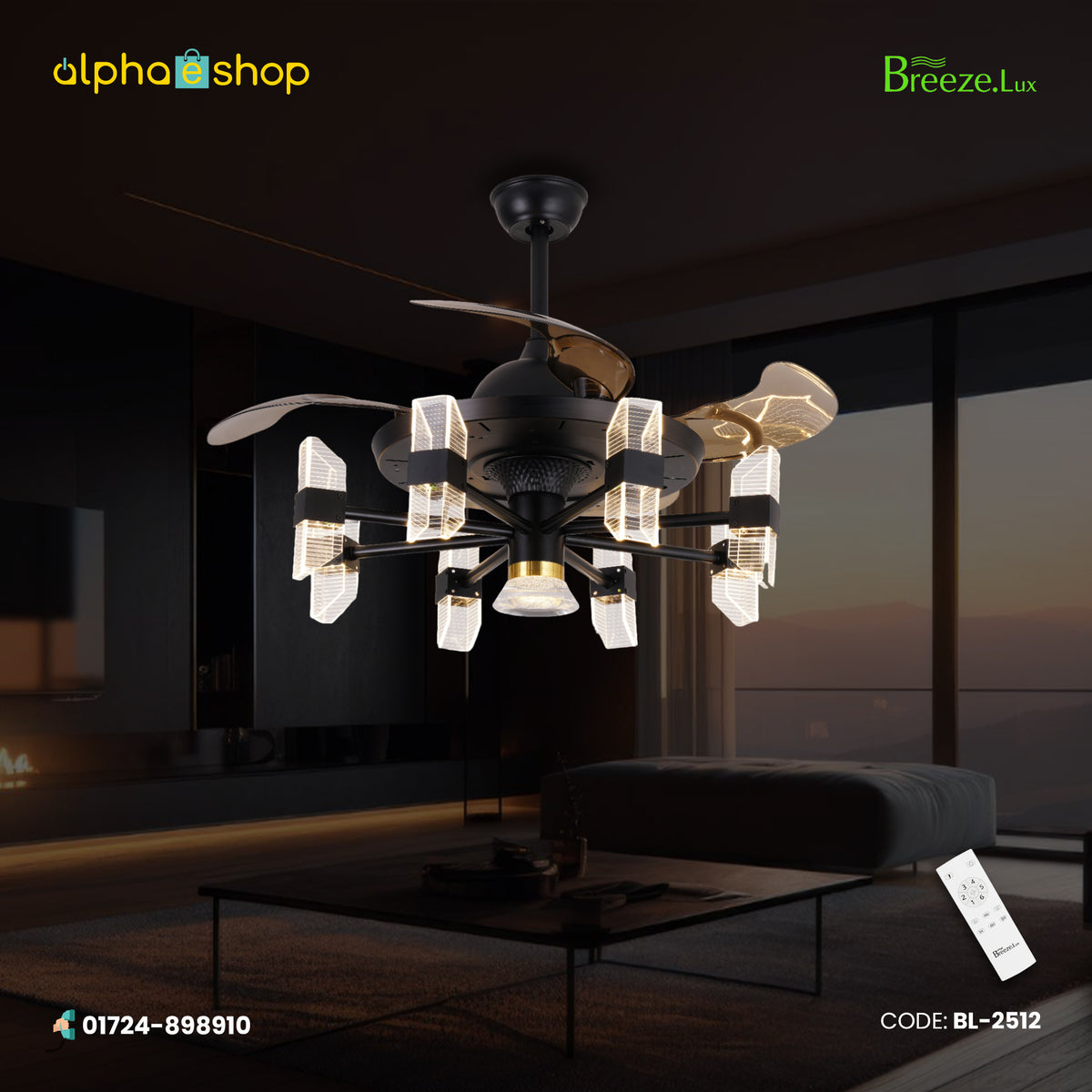 Breezelux Alpha 48"  Elegant Modern Retractable Luxury Decorative Silent Underlight Invisible Blade Chandelier with Remote Ceiling Fan  (Black & Coffee) BL-2512