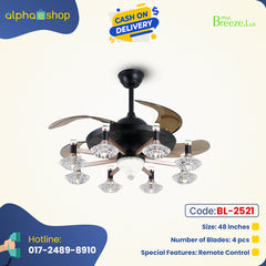 Breezelux 48" Elegant Modern Retractable Luxury Decorative Silent Underlight Invisible Blade Chandelier with Remote Ceiling Fan (Black & Coffee) BL-2521