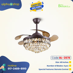 Breezelux Alpha  48" Crystal  Retractable Luxury Decorative Silent Underlight Invisible Blade Chandelier with Remote Ceiling Fan (Brown) BL-2878