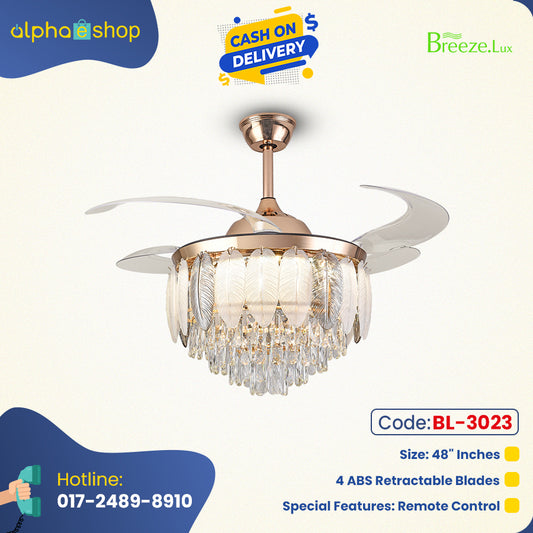 Breezelux Alpha 48" Crystal Retractable Luxury Decorative Silent Underlight Invisible Blade Chandelier with Remote Ceiling Fan (Rose Gold) BL-3023