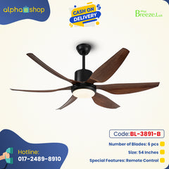 Breezelux Alpha 54" Modern Decorative Silent ABS Blade Underlight with Remote Ceiling Fan (Wood Grain) BL-3891-B