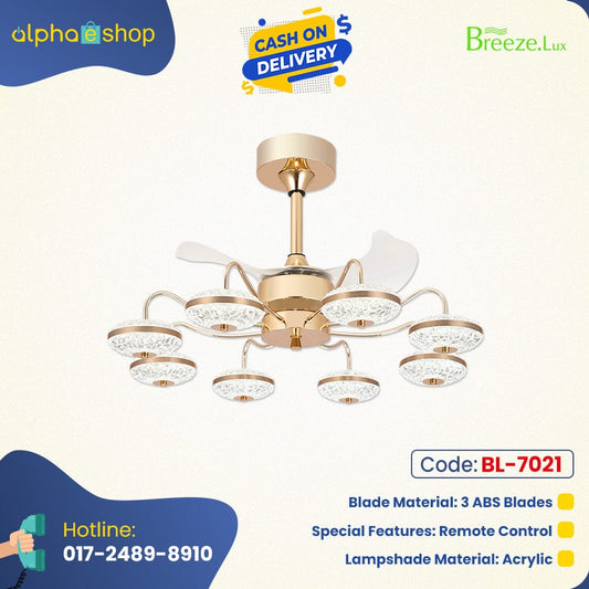 Breezelux Alpha 22" Elegant Modern Retractable Luxury Decorative Silent Underlight Invisible Blade Chandelier with Remote Ceiling Fan (Golden) BL-7021