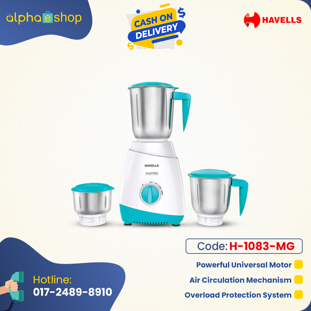 HAVELLS ASPRO 600 W MIXER GRINDER 3SSJar White- Light Blue H-1083-MG