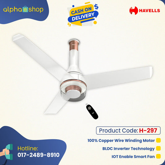 Havells Crista UL - 1200mm Dust Resistant IOT Enable Remote control BLDC Inverter Ceiling Fan (Pearl White) H-297