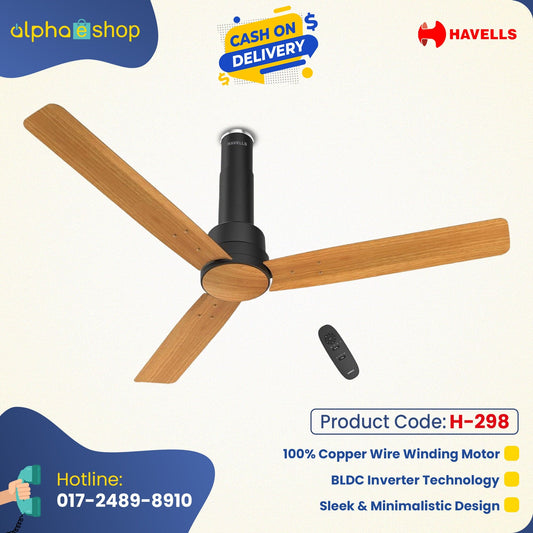 Havells Elio Prime BLDC - 1200mm 100% Copper BLDC RF Remote four mode Ceiling Fan (Pine Wood Matte Black) H-298