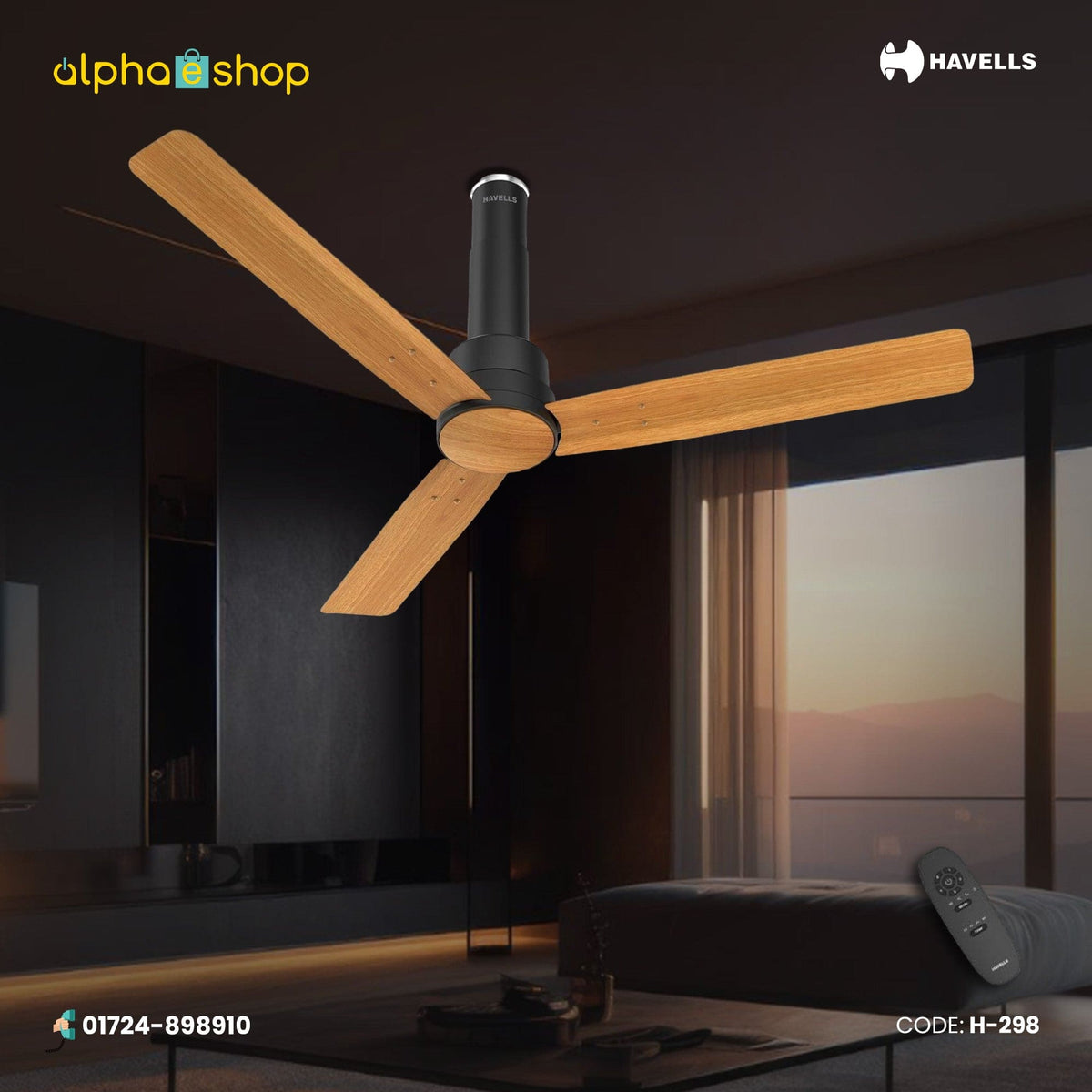 Havells Elio Prime BLDC - 1200mm 100% Copper BLDC RF Remote four mode Ceiling Fan (Pine Wood Matte Black) H-298