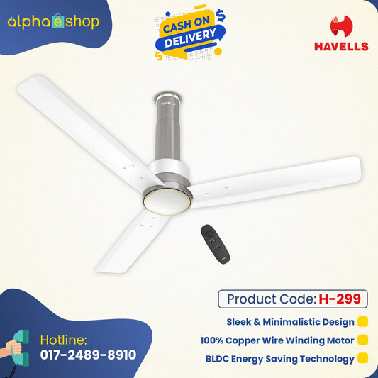 Havells Elio Prime BLDC - 1200mm 100% Copper BLDC RF Remote four mode Ceiling Fan (Mist-Pearl White) H-299