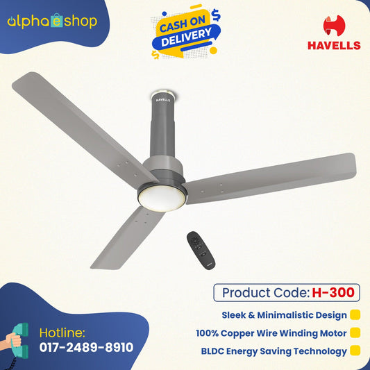 Havells Elio Prime BLDC - 1200mm 100% Copper BLDC RF Remote four mode Ceiling Fan (Slate Mist) H-300