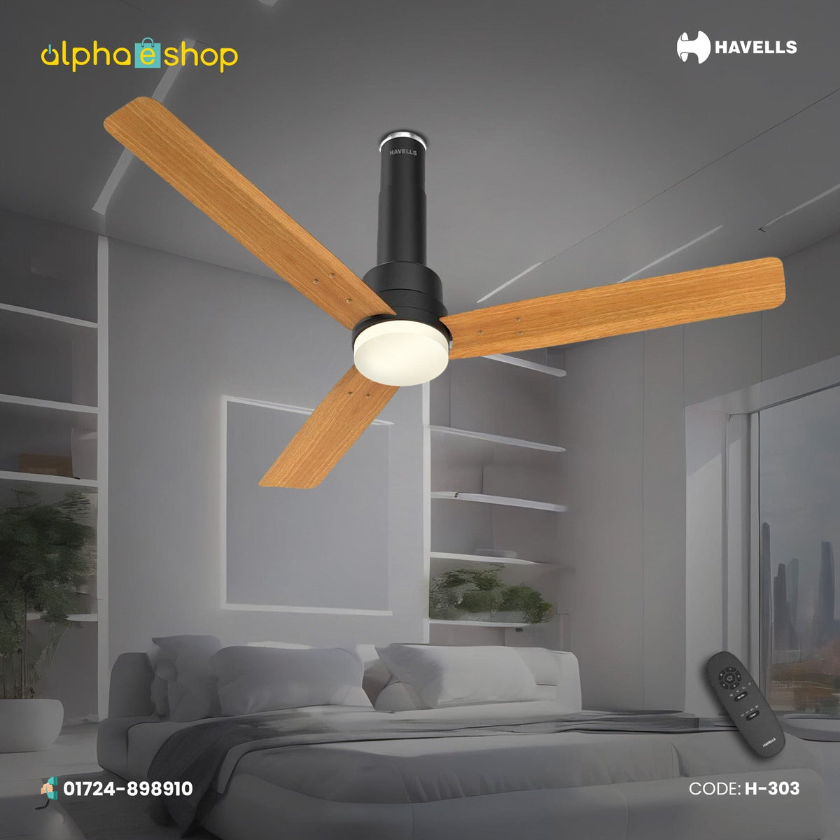 Havells Elio Prime UL - 1200mm 100% Copper BLDC RF Remote four mode Ceiling Fan (Pine Wood Matte Black) H-303