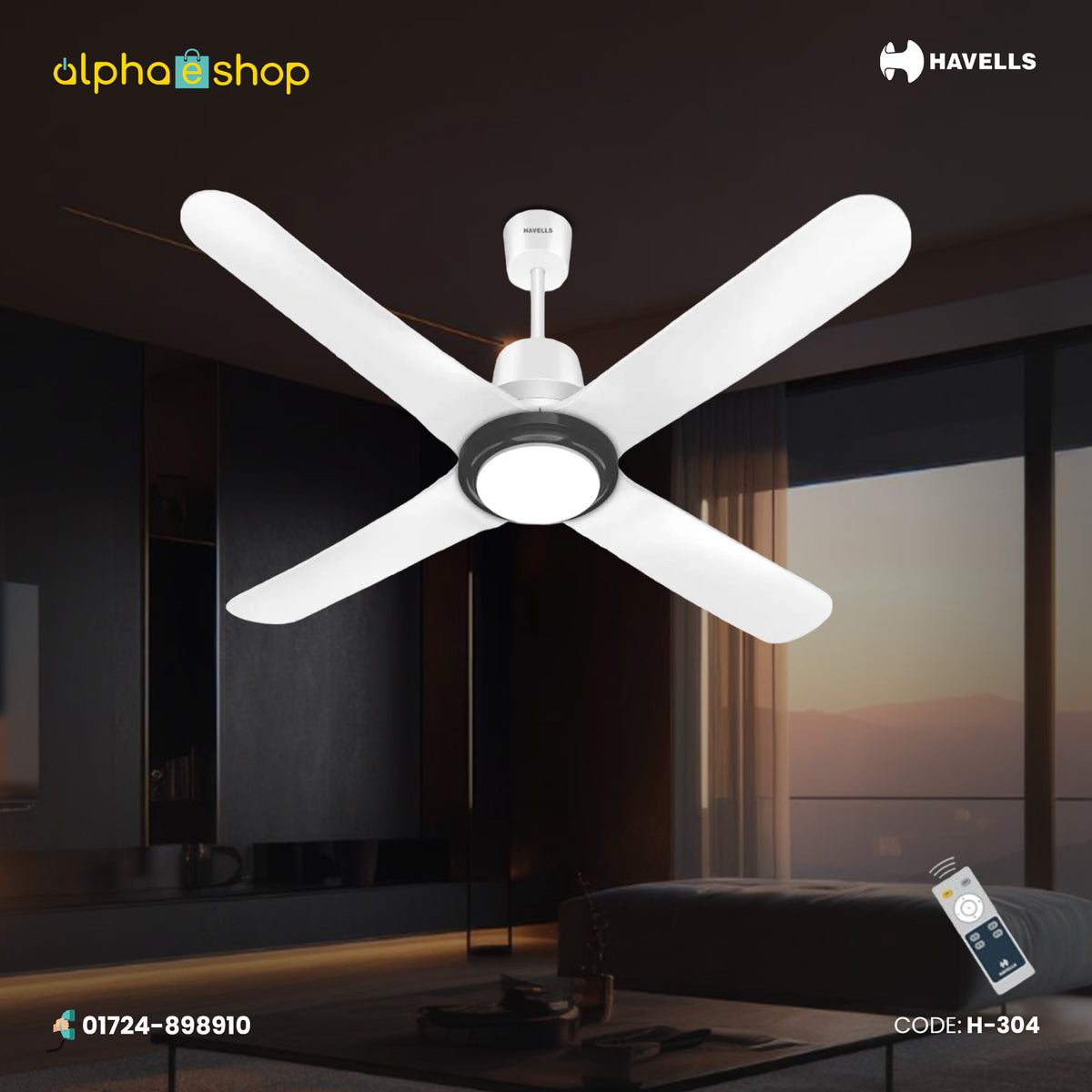 Havells Libeccio BLDC UL - 1200mm ABS Blades RF remote 4 blade Underlight Ceiling Fan (Pearl White) H-304