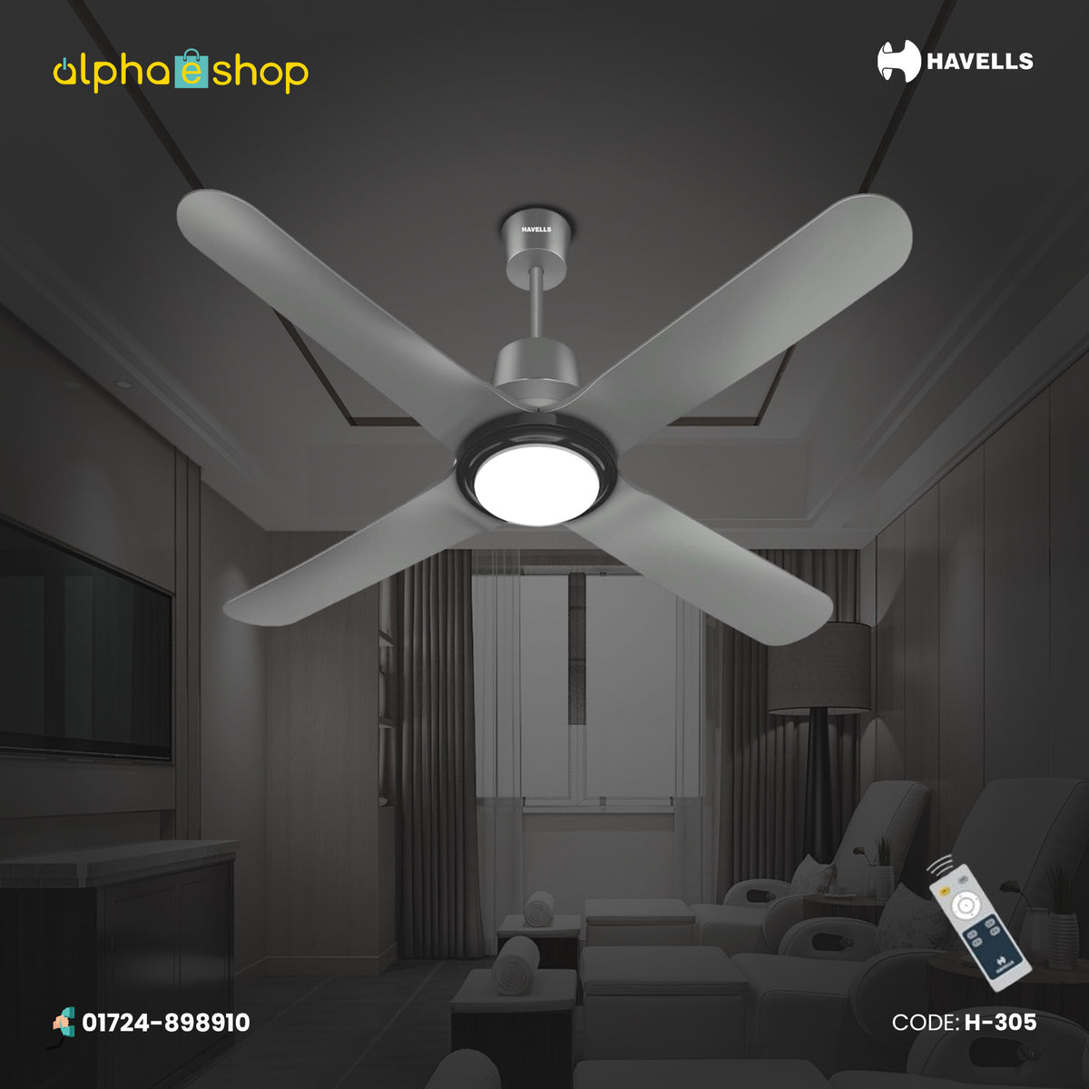 Havells Libeccio BLDC UL- 1200mm ABS Blades RF remote 4 blade Underlight Ceiling Fan (Slate) H-305