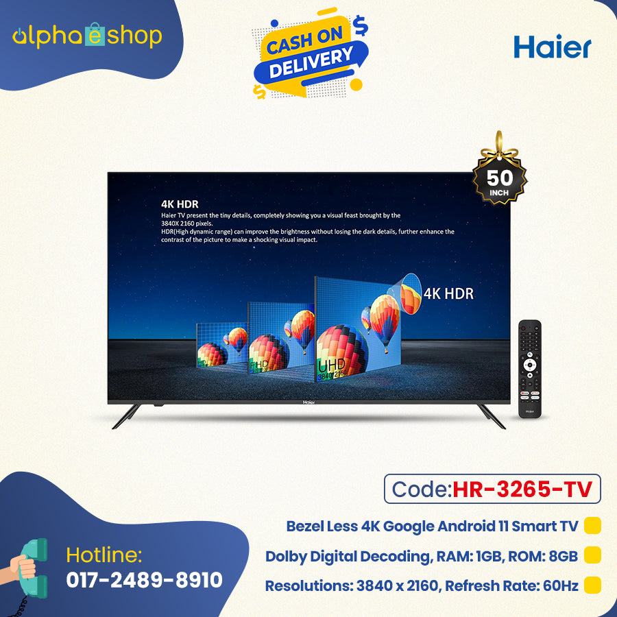 Haier H50K66UG - 50" Bezel Less 4K Google Android 11 Smart TV (Black) HR-3265-TV