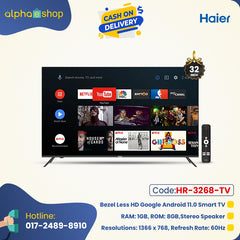 Haier H32K66G - 32" Bezel Less HD Google Android 11.0 Smart TV (Black) HR-3268-TV