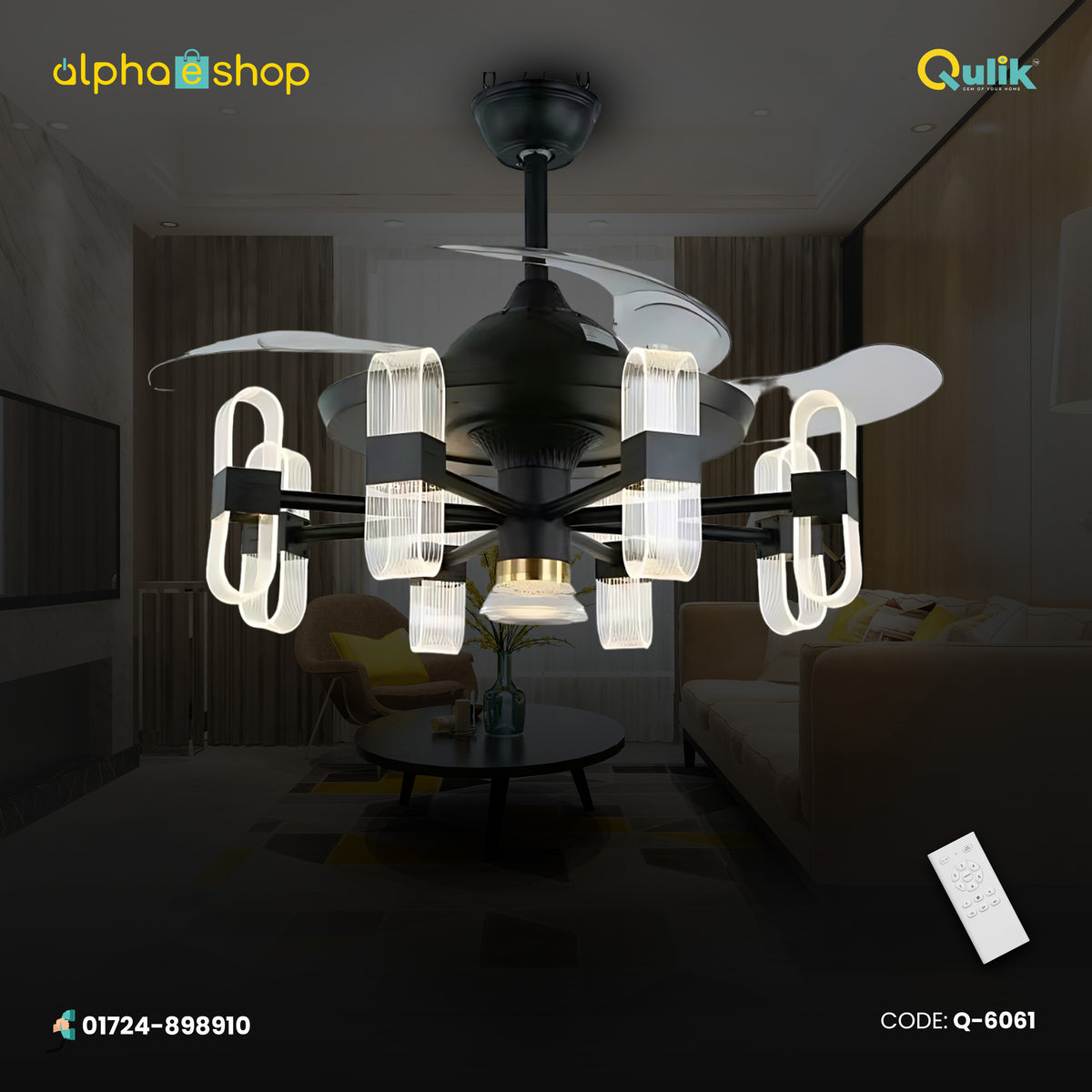 Qulik 48" Modern Chandelier Retractable Invisible Blade Silent 3 Color Change LED Remote Ceiling Fan (Black) Q-6061