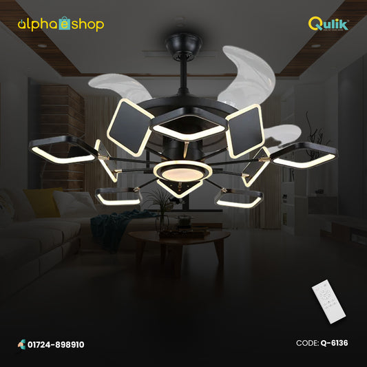 Qulik 48 Inch Modern Chandelier Retractable Invisible Blade Silent 3 Color Change LED Remote Ceiling Fan (Black) Q-6136