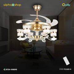 Qulik 48 Inch Modern Chandelier Retractable Invisible Blade Silent 3 Color Change LED Remote Ceiling Fan (Black and Golden) Q-6221-8