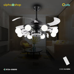 Qulik 48 Inch Modern Chandelier Retractable Invisible Blade Silent 3 Color Change LED Remote Ceiling Fan (Black) Q-6294