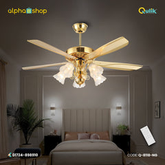 Qulik Luxoria UL 52" -Glass Flower Lampshade Copper Motor Remote Control Under-light Ceiling Fan Q-8118-NG