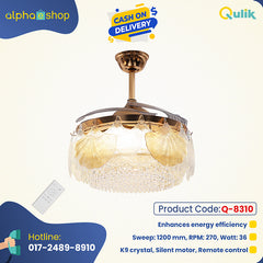 Qulik C01 48" Crystal Chandelier Retractable Invisible Blade MP3 Silent 3 Color Change LED Remote Ceiling Fan (Golden) Q-8310 - Elegant Crystal Ceiling Fan in Golden Finish