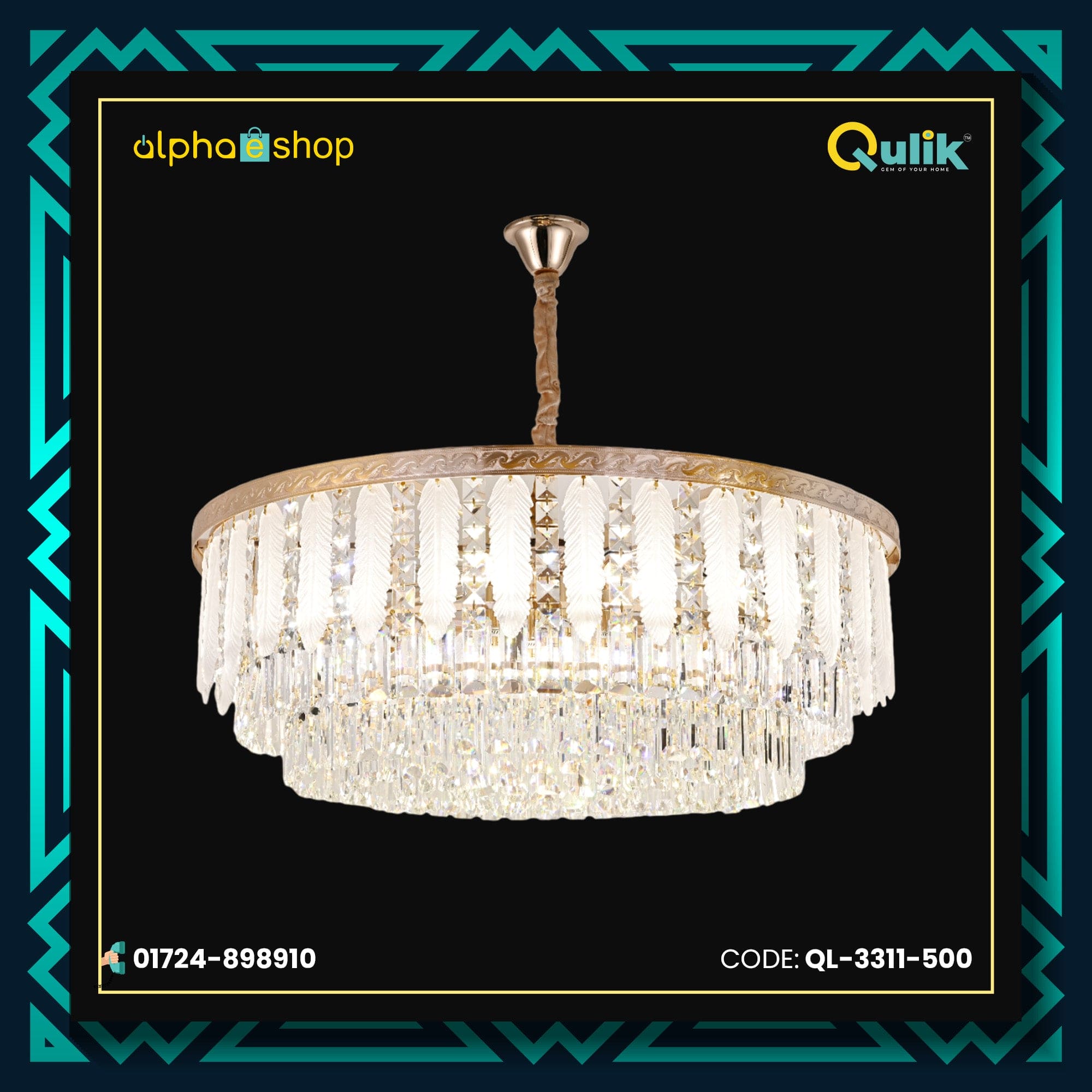 Qulik QL-3311-500 Glass Chandelier - Modern LED Ceiling Light with Adjustable Diameter. Six illuminating circles, 60W power, 30,000-hour lifespan, 3 color light options. Ideal for home decor. 2-year warranty. Available at Alphaeshop.