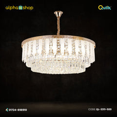Qulik QL-3311-500 Glass Chandelier - Modern LED Ceiling Light with Adjustable Diameter. Six illuminating circles, 60W power, 30,000-hour lifespan, 3 color light options. Ideal for home decor. 2-year warranty. Available at Alphaeshop.