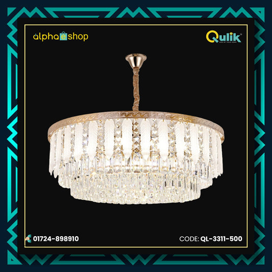 Qulik QL-3311-500 Glass Chandelier - Modern LED Ceiling Light with Adjustable Diameter. Six illuminating circles, 60W power, 30,000-hour lifespan, 3 color light options. Ideal for home decor. 2-year warranty. Available at Alphaeshop.