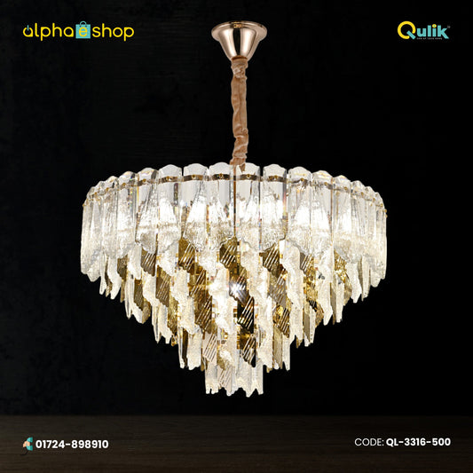 Qulik QL-3316-500 Modern Crystal Chandelier - Sleek Design, Adjustable Lighting, LED Technology, 2-Year Warranty. Elevate your space with this contemporary glass ceiling light.