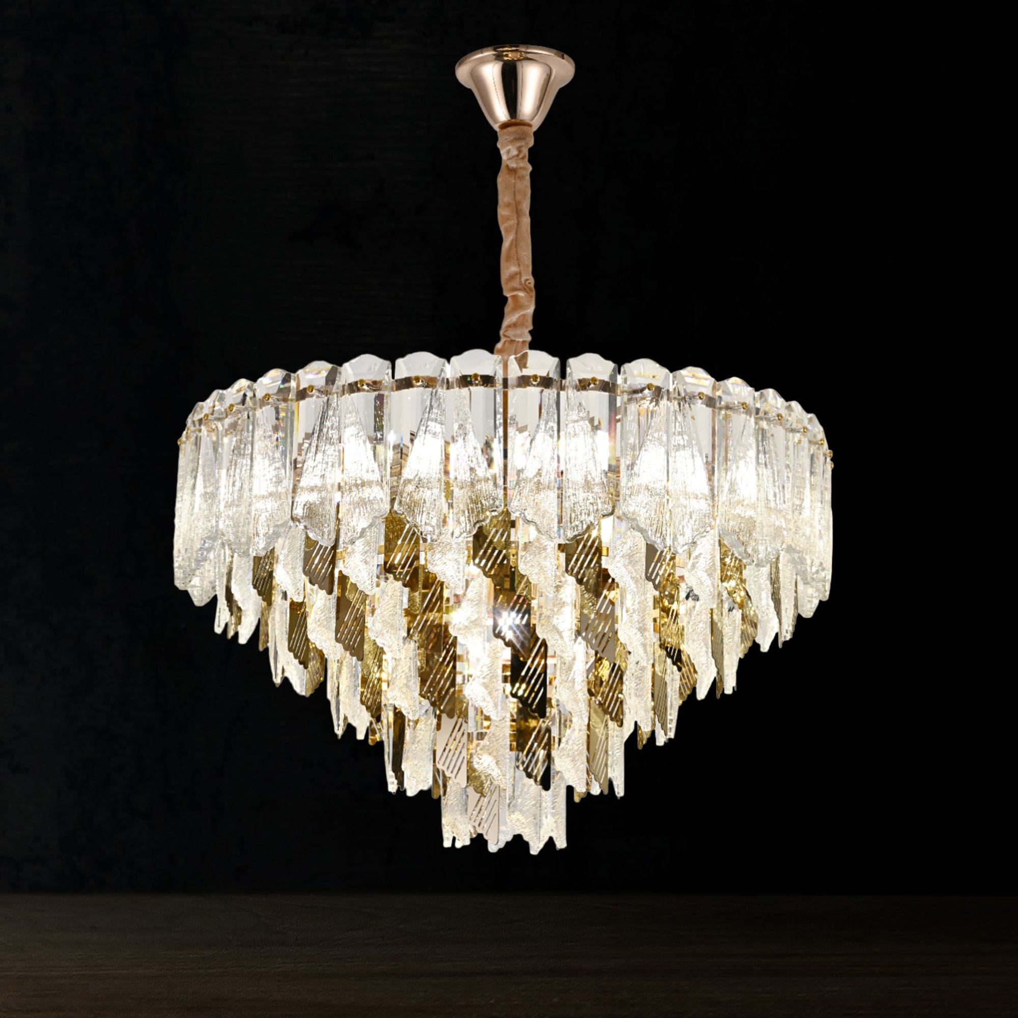 Qulik QL-3316-500 Modern Crystal Chandelier - Sleek Design, Adjustable Lighting, LED Technology, 2-Year Warranty. Elevate your space with this contemporary glass ceiling light.