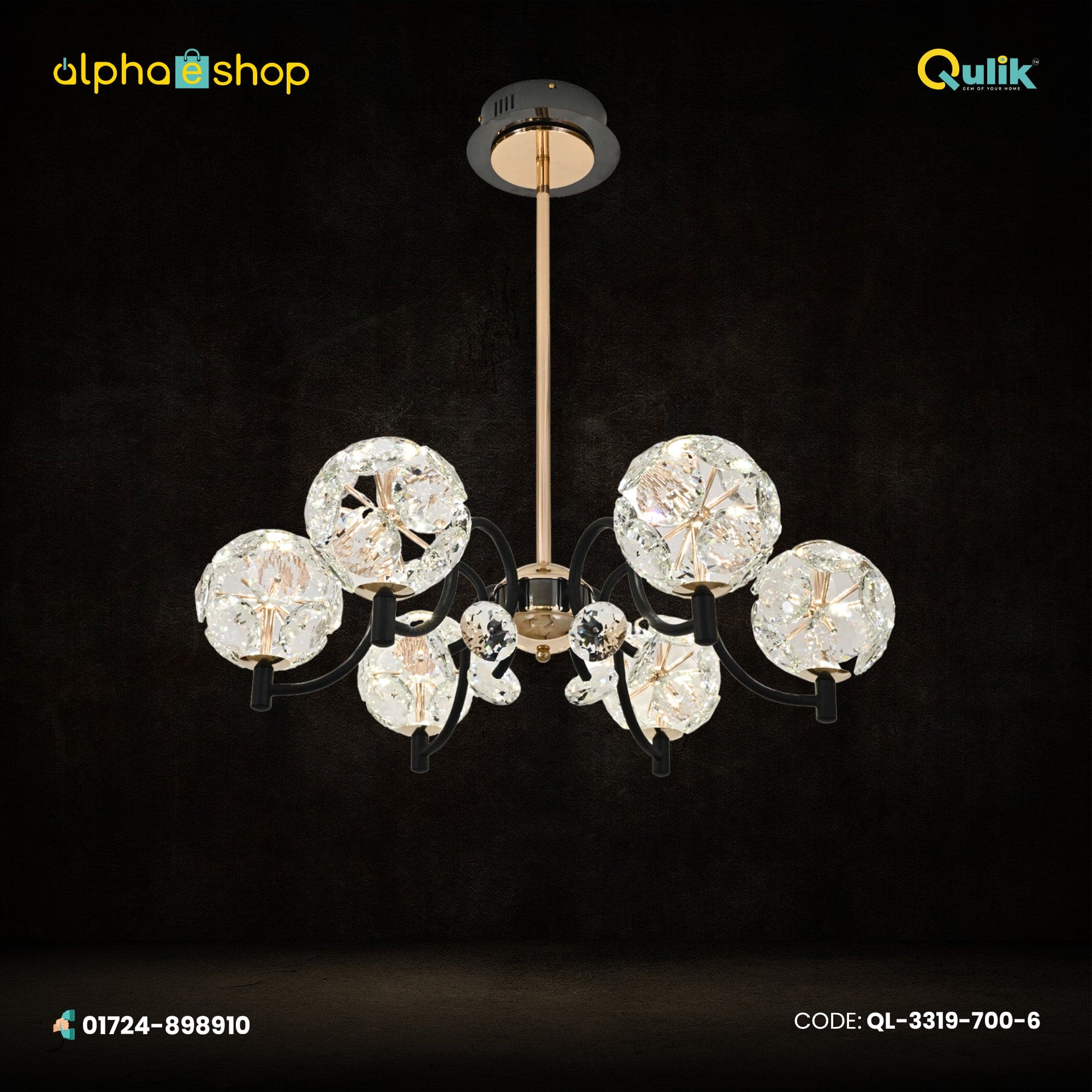 Qulik QL-3319-700-6 Circle-Shape Glass Ceiling Light - Modern Design, 3-Color Adjustable Light, 2-Year Warranty. Illuminate your space with this stunning modern crystal chandelier featuring six circles.