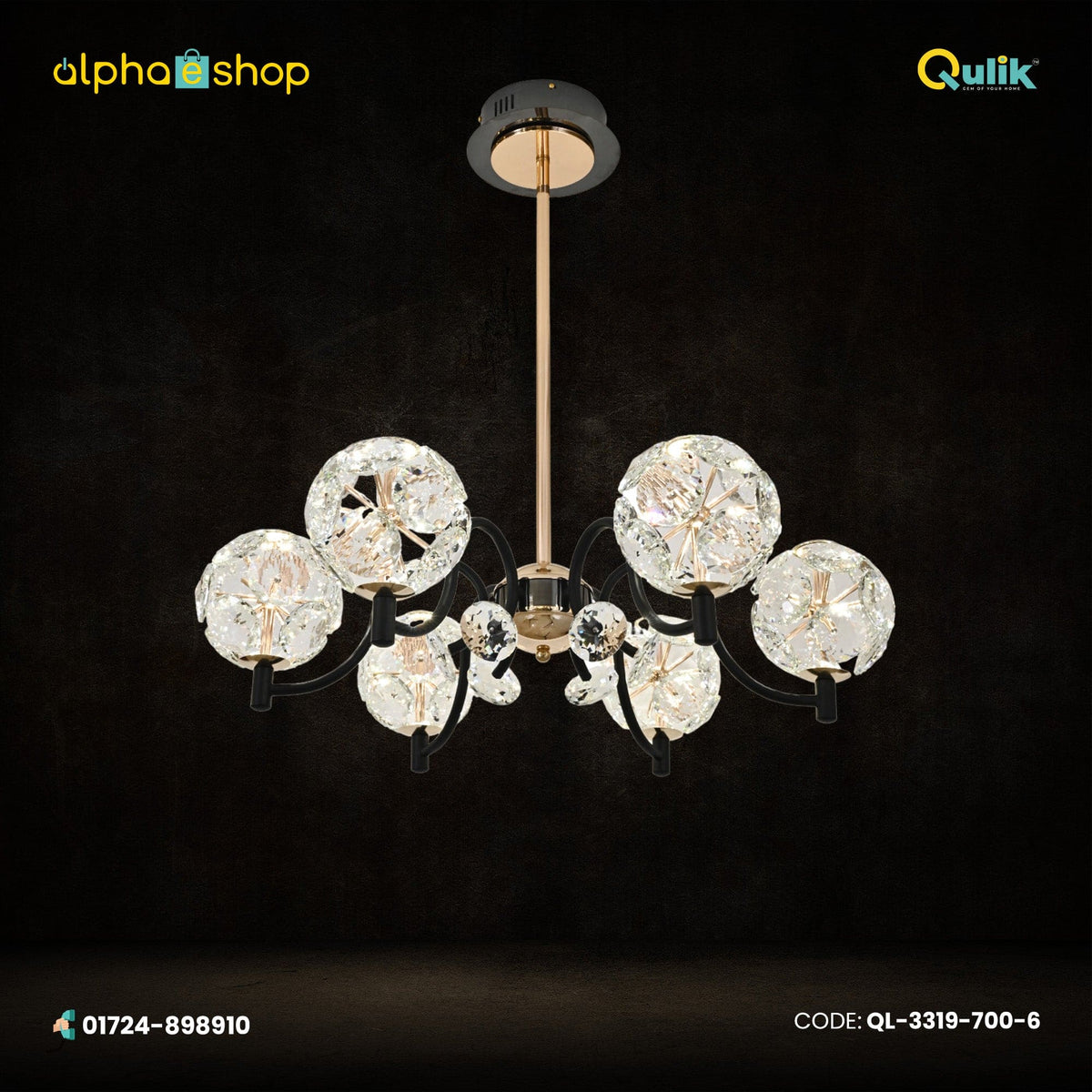 Qulik QL-3319-700-6 Circle-Shape Glass Ceiling Light - Modern Design, 3-Color Adjustable Light, 2-Year Warranty. Illuminate your space with this stunning modern crystal chandelier featuring six circles.