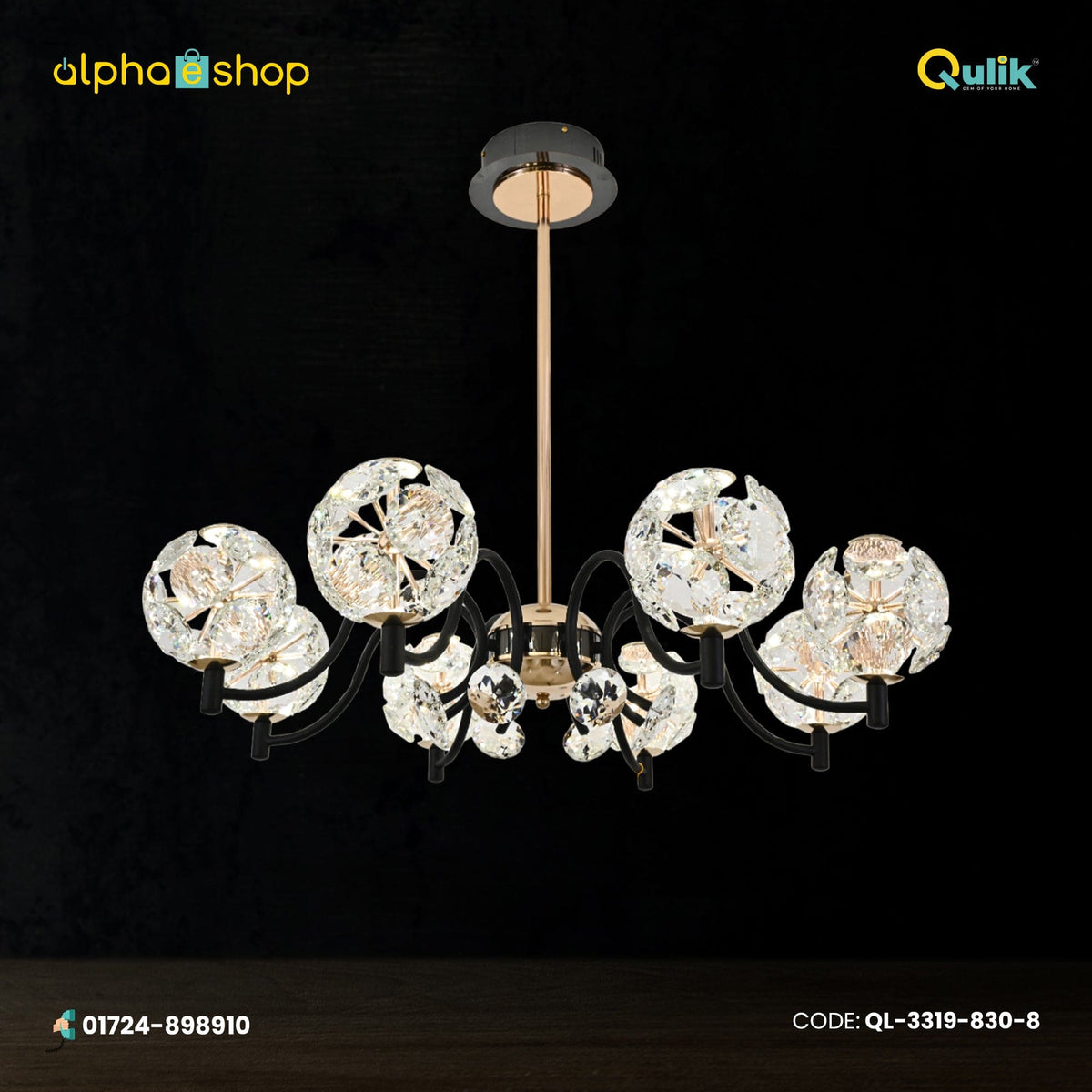 Qulik QL-3319-830-8 Circle-Shape Glass Ceiling Light - Contemporary Design, 3-Color Adjustable Light, 2-Year Warranty. Transform your space with this modern crystal chandelier featuring eight illuminating circles.