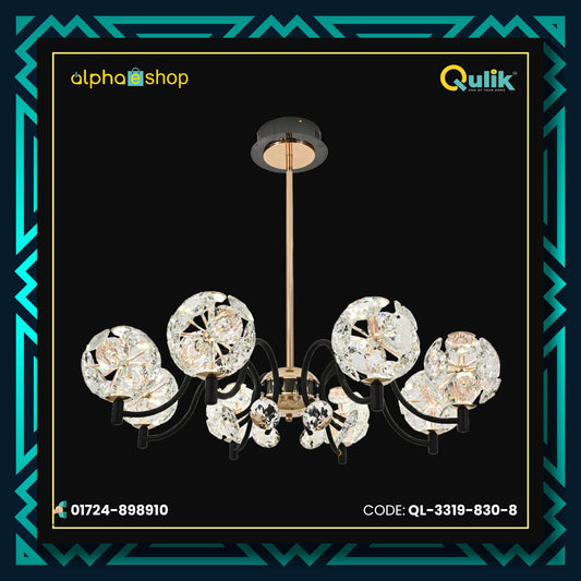 Qulik QL-3319-830-8 Circle-Shape Glass Ceiling Light - Contemporary Design, 3-Color Adjustable Light, 2-Year Warranty. Transform your space with this modern crystal chandelier featuring eight illuminating circles.