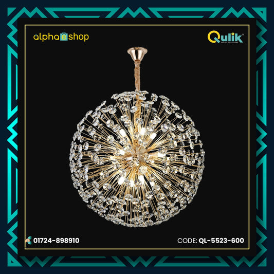 Qulik QL-5523-600 Crystal Chandelier - 60W LED Ceiling Light with 6-circle design. Metal and crystal construction, 30,000-hour lifespan, 40cm adjustable chain. Choose from Warm, White, or Day-Light colors. Ideal for various spaces. 2-year warranty.