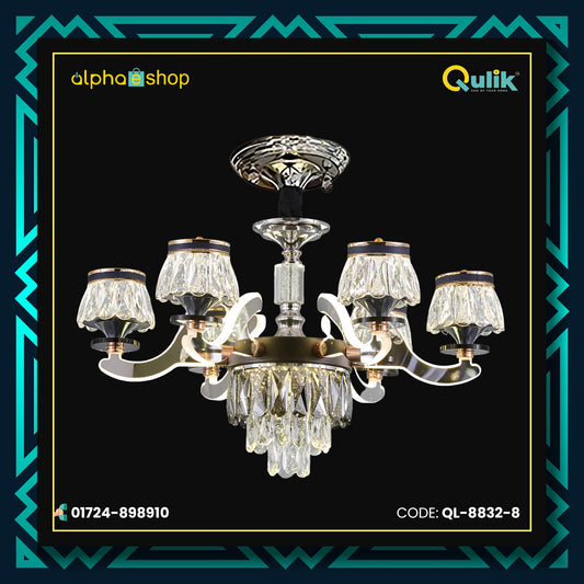 Qulik QL-8832-8 Golden & Black Iron LED Ceiling Lamp - Luxury Crystal Chandelier with 8 Lamps