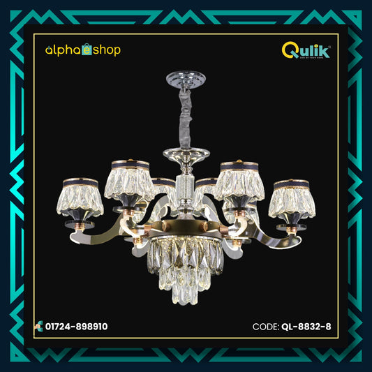 Qulik QL-8832-6 Golden & Black Iron LED Ceiling Lamp - Luxury Crystal Chandelier with 6 Lamps