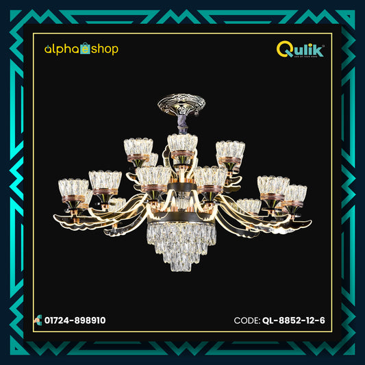 Qulik QL-8852-12-6 Golden & Black Iron LED Ceiling Lamp - Modern Nordic Double Layer Crystal Chandelier with 18 Lamps